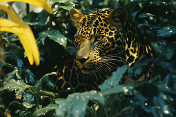 Leinwandbilder - An abstract interpretation of panther forms adorned with intricate patterns, seamlessly integrated into the lush patterns of the tropical environment.