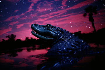Aufkleber - A surreal depiction of abstract alligators against an aurora-filled sky in the tropical night, creating a scene of otherworldly beauty.