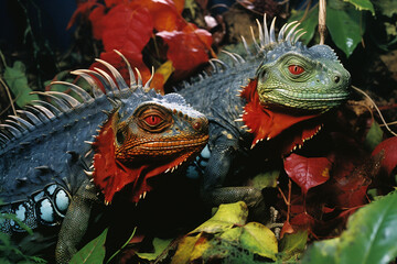 Leinwandbilder - An abstract depiction of iguanas engaged in intricate interplay, their forms merging with the textures of the tropical surroundings.