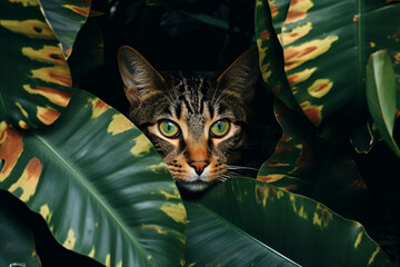 Leinwandbilder - An abstract representation of feline forms seamlessly blending with the fluttering foliage of the tropical forest, creating a camouflage of enchantment.