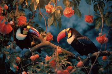 Leinwandbilder - An abstract tapestry of toucans in the twilight, their vibrant beaks and forms creating a visually striking composition against the tropical hues.