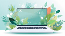 Graphic Of A Laptop In Green Vegetation, Representing Eco Friendliness In Build Materials As Well As Performance 
