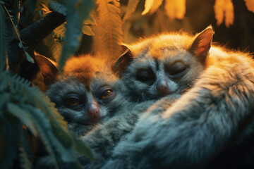 Aufkleber - An ethereal portrayal of luminescent lemurs in a soothing lullaby of colors, their forms creating a calming and dreamlike ambiance within the tropical canopy.