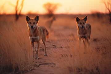 Leinwandbilder - An abstract representation of dingoes in a dynamic dawn setting, their sleek forms adding a sense of wild energy to the tropical landscape.