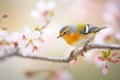 warbler feeding on nectar in peach blossoms