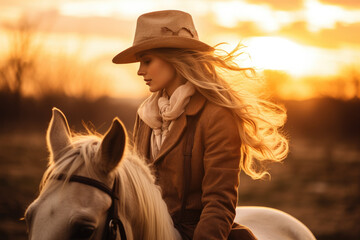 Wall Mural - a young woman horse riding in the enchanting golden hour of sunset