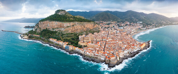 Aerial view of Cefalu, on the Tyrrhenian coast of Sicily, Italy