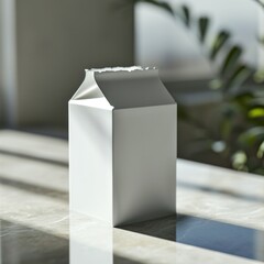 Poster - A white cardboard box sitting on a table next to some plants, AI