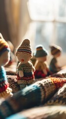 Poster - A group of small knitted dolls sitting on a blanket, AI