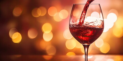 A wine glass continuously overflowing with red wine. Golden light background. sunlight, stunning lighting. 