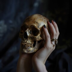 Sticker - A person holding a skull in their hands with black nails, AI