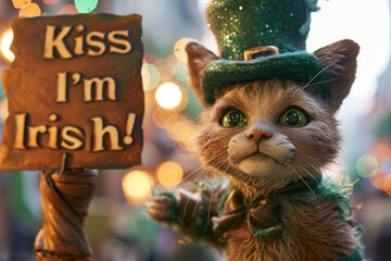 Canvas Print - A cat dressed up in a green hat and holding an irish sign, AI