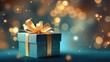 Blue gift box with golden ribbon on bokeh background Christmas and Happy New Year 2024 Ideas