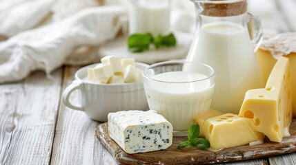 An assortment of Dairy products on a light colored kitchen. Creative banner for store of healthy farm dairy products. Milk, cottage cheese natural farm, copy space.