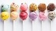 Ice cream scoop ball on white background, top view, Many assorted different flavour
