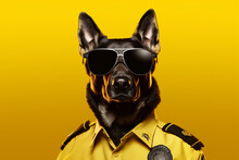 Mean-looking German Shepherd Working As A Security Officer Or Cop, Wearing Sunglasses And A Uniform Shirt, Guarding Dog Concept