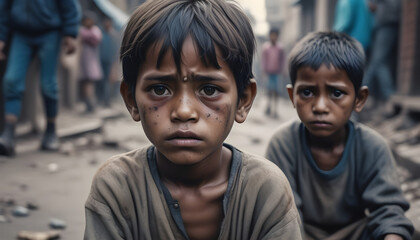 Harsh reality of impoverished children on the streets, begging for survival.