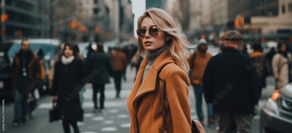 Stylish woman walking confidently on busy city street. Urban fashion ...