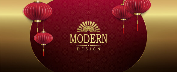 Wall Mural - Chinese New Year, texture red illustration with oval frame and air lanterns.