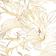 Wall Mural - Luxury gold nature background. Floral seamless pattern, Golden  exotic flowers, line arts illustration.