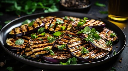 Wall Mural - A platter of freshly grilled aubergine. Serving fancy eggplant in a restaurant.