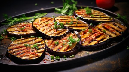 Wall Mural - Close up of gourmet grilled eggplants. Vegetarian food in a restaurant menu.