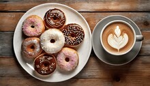 Donuts With Icing And Chocolate And Cappuccino Coffee In A Cup

