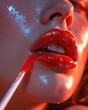 © Glittering Humanity - Striking image of red lips being touched by a gloss applicator, with a suggestive, sensual vibe