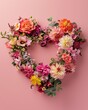 © Glittering Humanity - A vibrant heart-shaped arrangement of mixed flowers on a pastel pink background