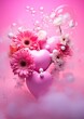Surreal 3d illustration with floating hearts and flowers surrounded by soft pink haze and bubbles