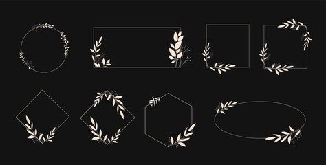 Wedding logo. Minimalistic geometric floral empty frames. Calligraphic round or square shapes with branches and flowers. Elegant herbs or blossoms. Vector botanical outline borders set