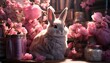 Cute rabbit with pink flowers on the background. Selective focus.