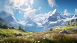 Fototapeta Londyn - Panoramic view of the mountains and meadow with flowers.