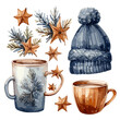 Watercolor Christmas set collection on a white background with mugs, winter clothes, gift, skates, het, teapot,  cup of coffee in watercolor style, Vector Christmas illustrations