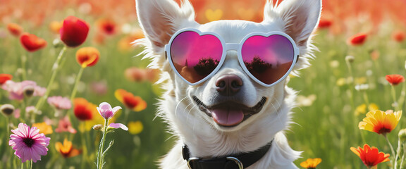 Wall Mural - Dog wearing heart shaped sunglasses in a sunny meadow