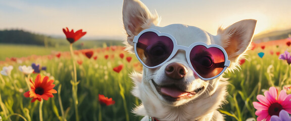 Wall Mural - Dog wearing heart shaped sunglasses in a sunny meadow