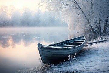 Sticker - boat on the lake at sunset in winter