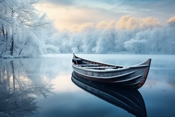 Poster - boat on the lake at sunset in winter