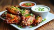 Shot of chicken wings with green onions and dipping sauce. Generative AI.