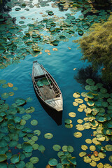 A boat surrounded by lotus s lily pads, Aerial high view. Generative AI.