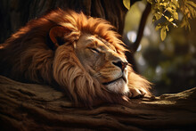 Image Of Male Lion Sleeping Lying In The Forest. Wildlife Animals.