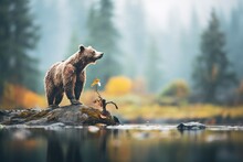 Grizzly On Hind Legs Spotting Fish In Distance