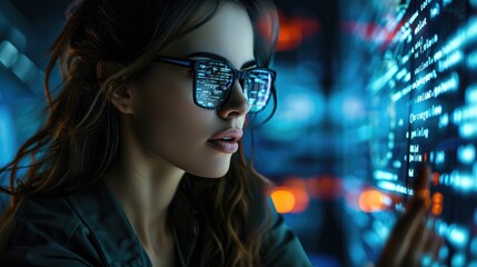 Poster - Data hologram and woman with code analytics, Programmer coding or IT person in glasses reading programming and cyber security research. Generative AI.