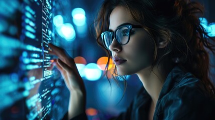 Leinwandbilder - Data hologram and woman with code analytics, Programmer coding or IT person in glasses reading programming and cyber security research. Generative AI.