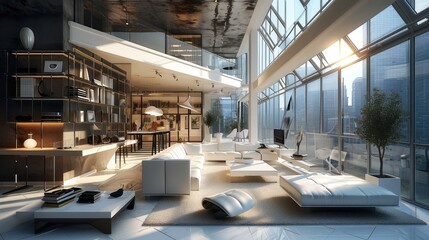Fototapete - Interior design of modern living room with connected objects, Technology interior design software app. Generative AI.