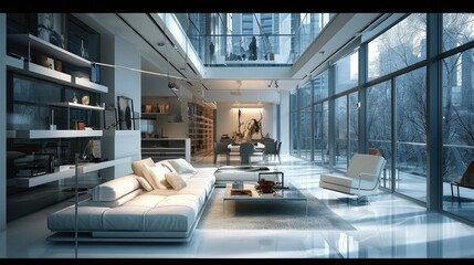 Fototapete - Interior design of modern living room with connected objects, Technology interior design software app. Generative AI.