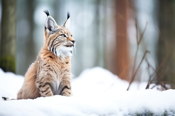 Poster - lynx sitting in snow with forest backdrop