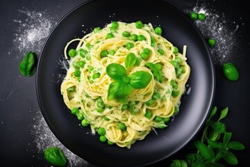 Wall Mural - Vegetarian vegetable pasta with zucchini noodles green peas cream sauce on black stone background top view with copy space