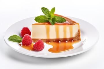 Sticker - White plate with caramel cheesecake adorned with raspberries and mint leaves