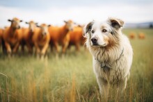 Herding Dog Pausing As Sheep Graze Calmly